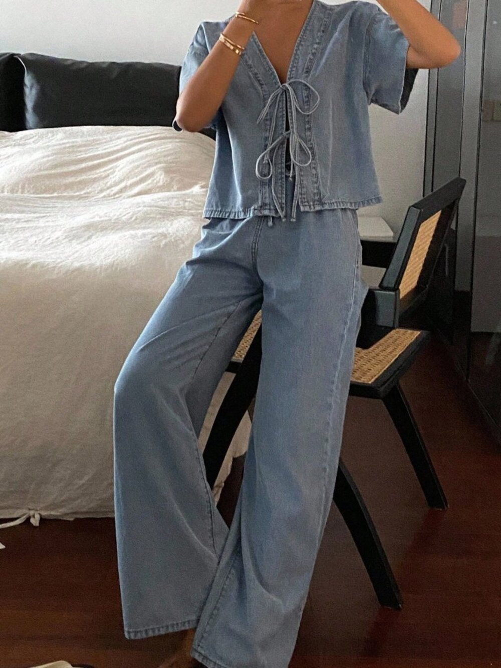 Blue Casual Women's Short Sleeve Tie Front Top And Loose Fit Denim Pants Set